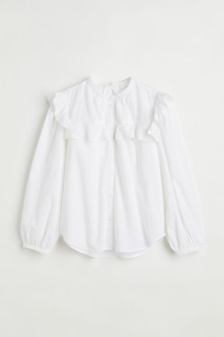 H & M - Ruffle-trimmed Linen-blend Blouse - White
