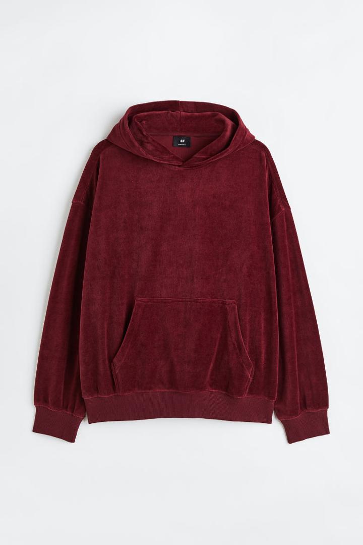 H & M - Oversized Fit Velour Hoodie - Red