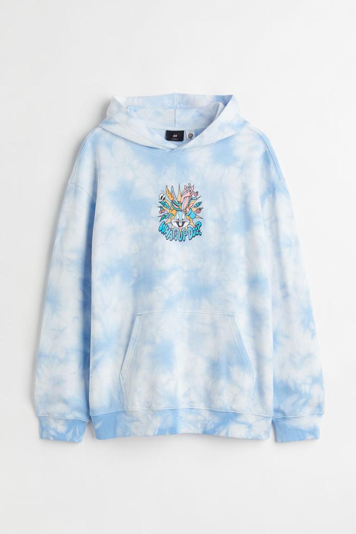H & M - Relaxed Fit Printed Hoodie - Blue
