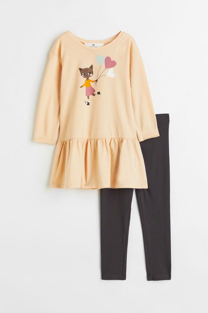 H & M - 2-piece Printed Cotton Jersey Set - Beige