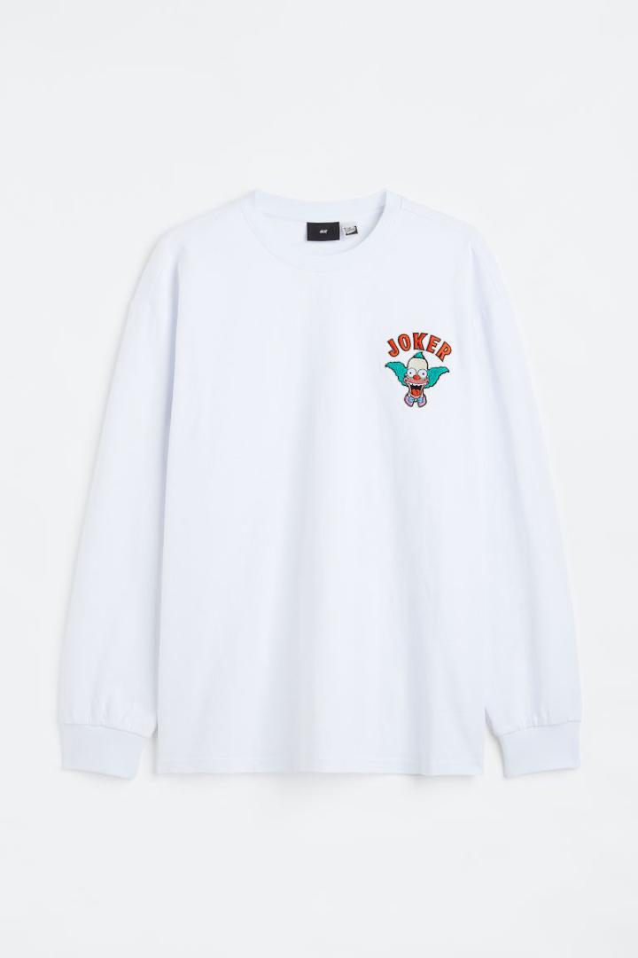 H & M - Relaxed Fit Long-sleeved Jersey Shirt - White