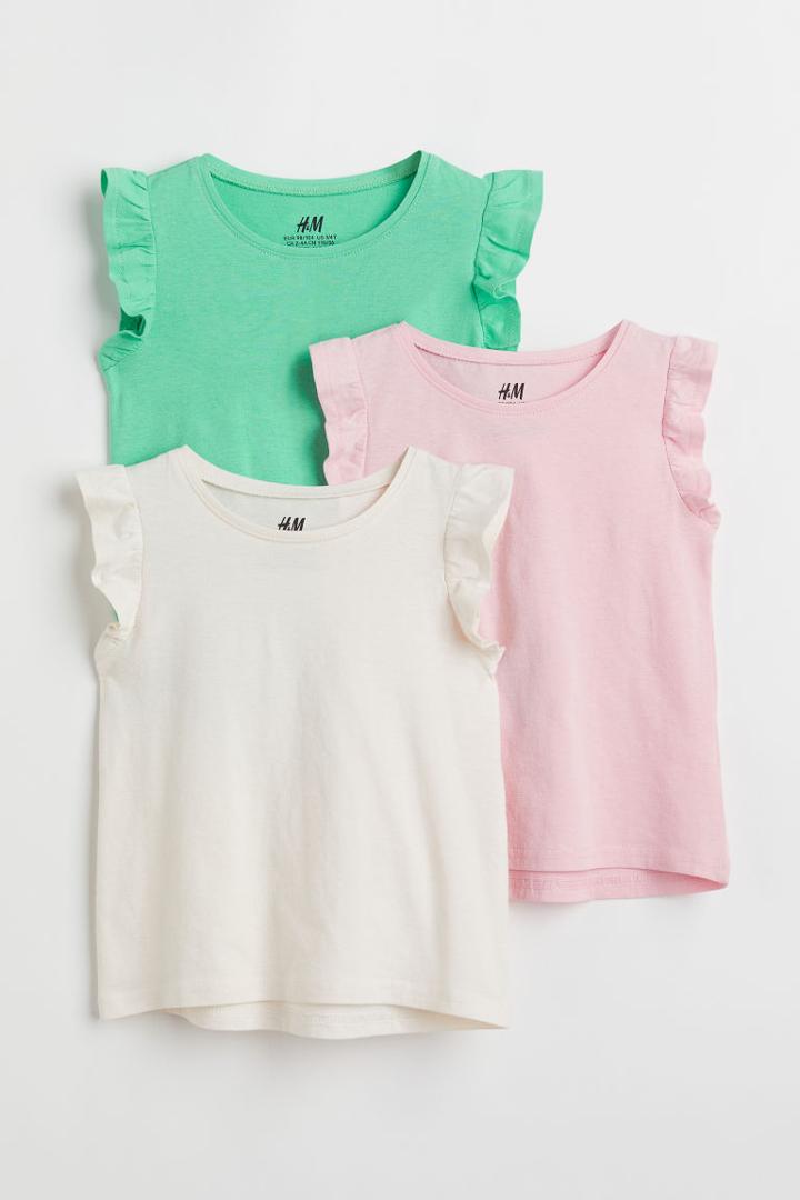 H & M - 3-pack Flutter-sleeved Tops - Green