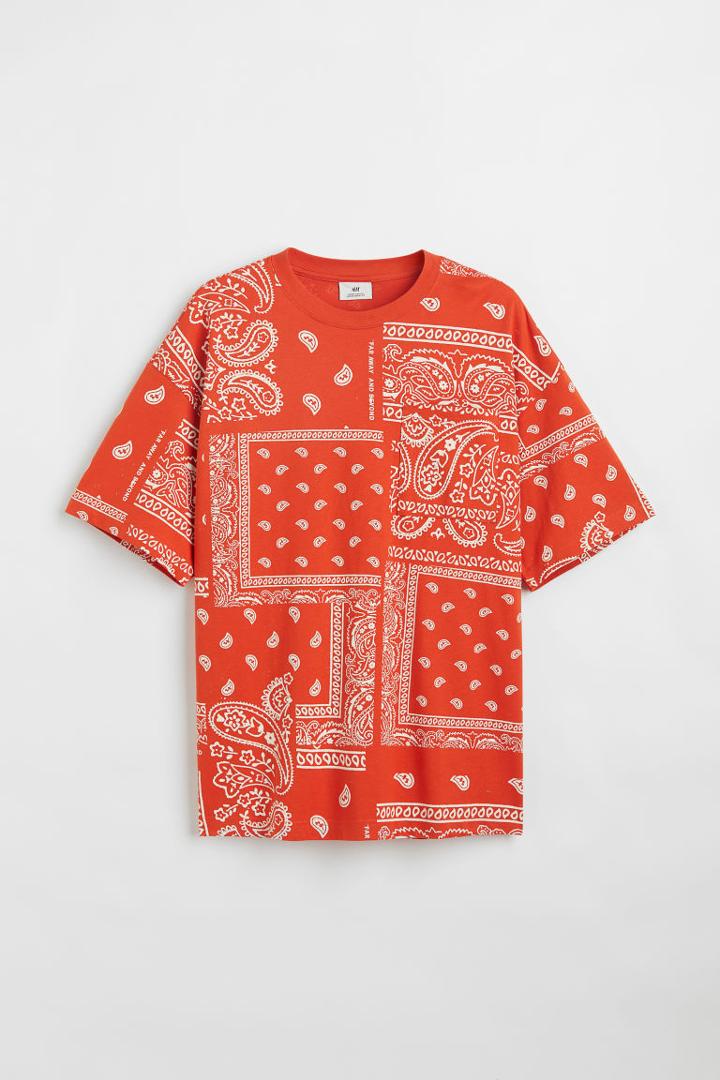 H & M - Oversized Fit Patterned Cotton T-shirt - Orange