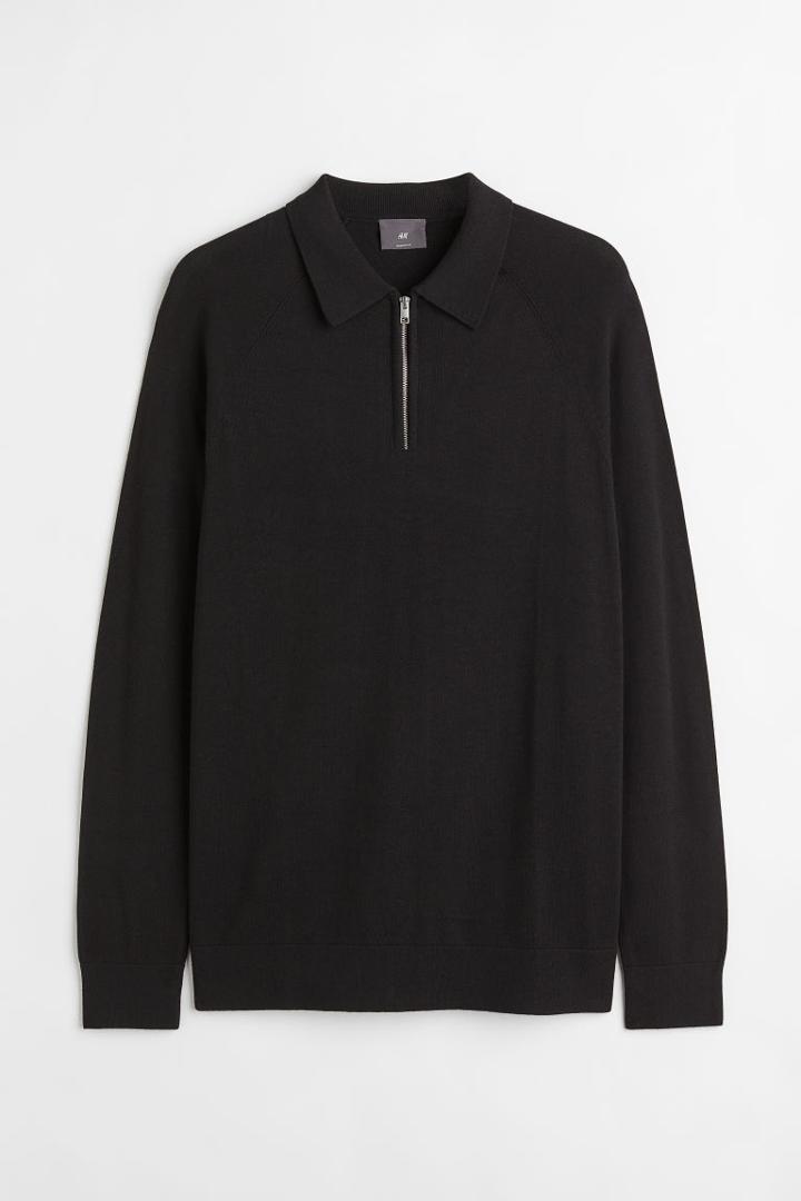 H & M - Muscle Fit 1/4-zip Polo Shirt - Black