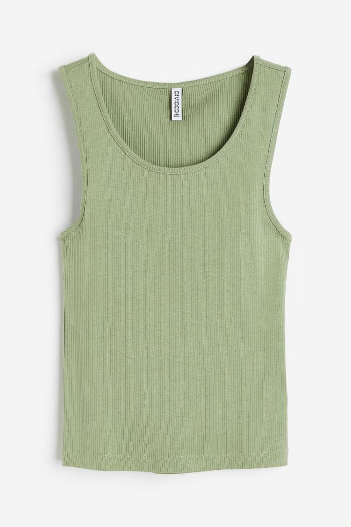 H & M - Ribbed Cotton Tank Top - Green