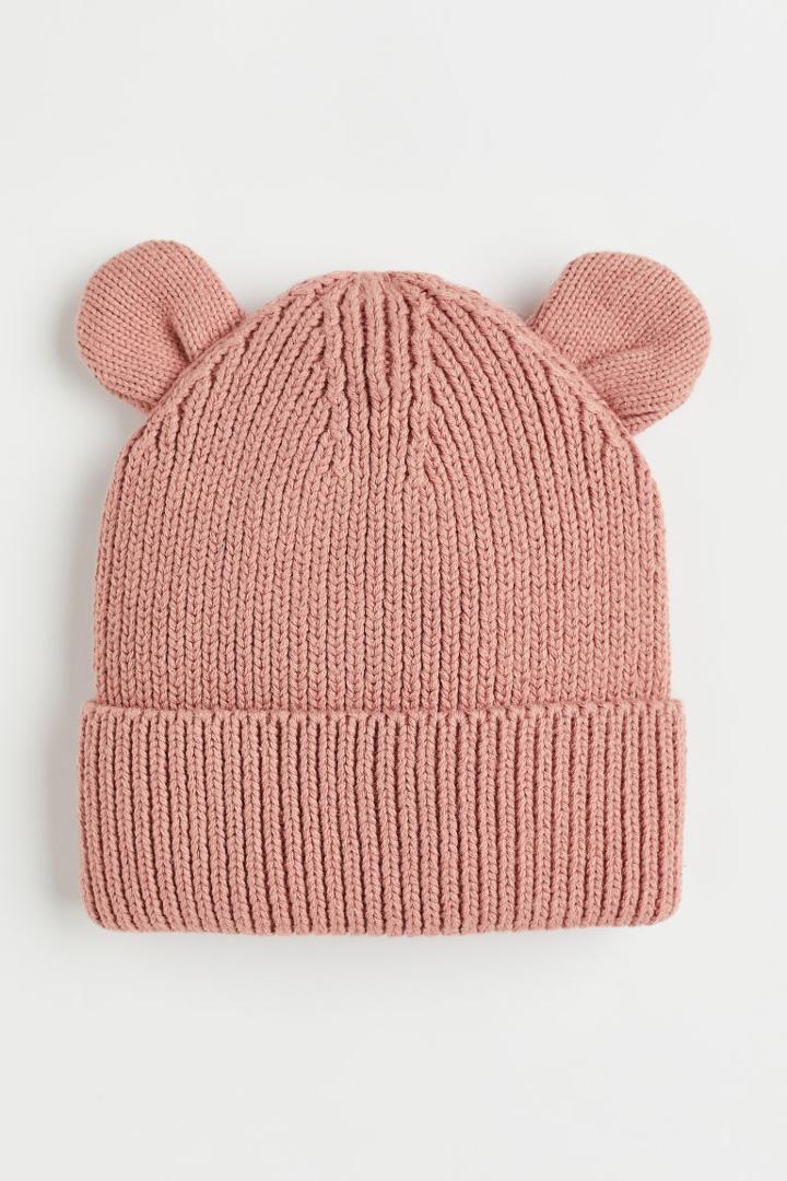 H & M - Rib-knit Hat With Ears - Pink