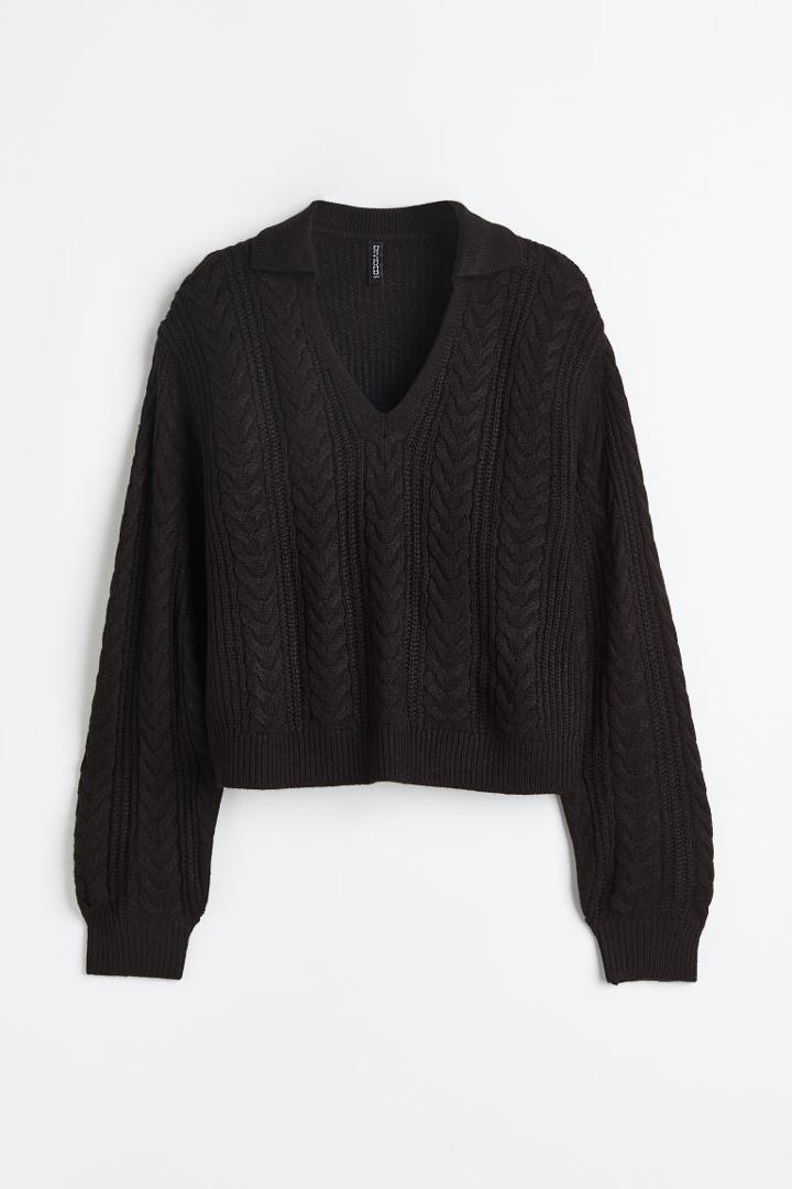 H & M - Collared Cable-knit Sweater - Black