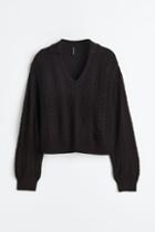 H & M - Collared Cable-knit Sweater - Black