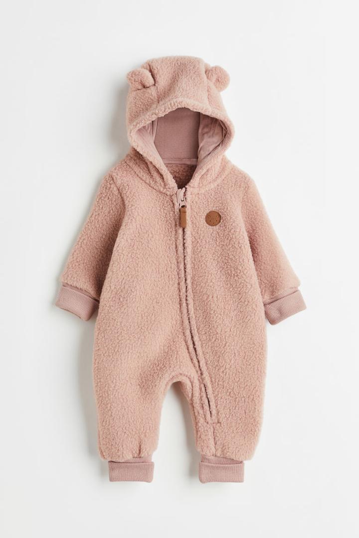H & M - Hooded Fleece Jumpsuit - Pink