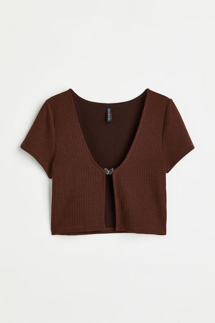 H & M - Ribbed Top With Butterfly Detail - Brown