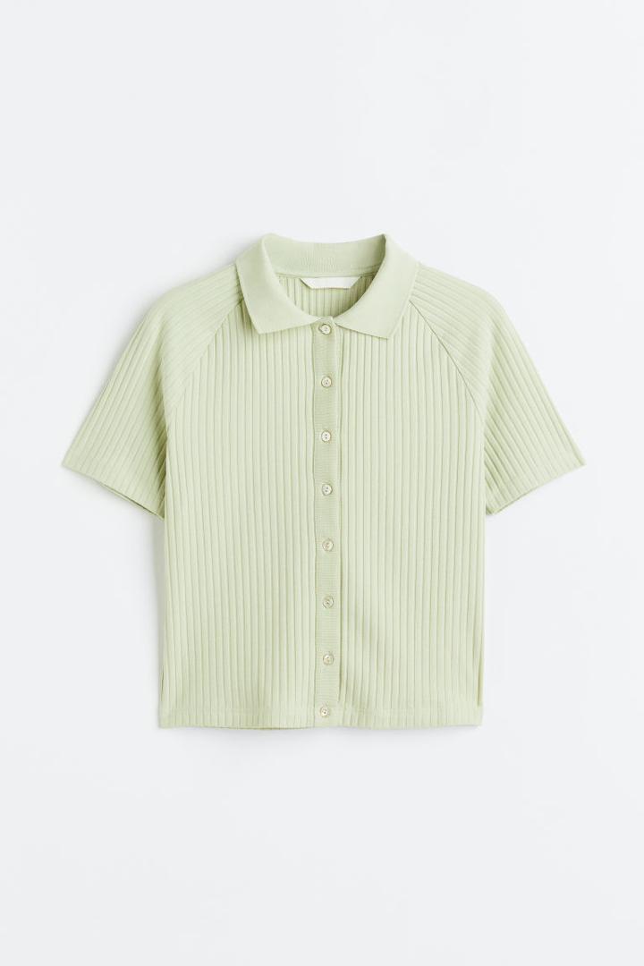 H & M - Button-front Top With Collar - Green