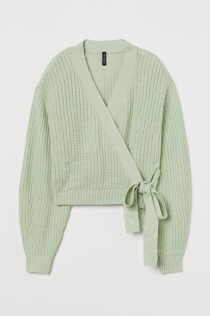 H & M - Knit Wrap-front Cardigan - Green