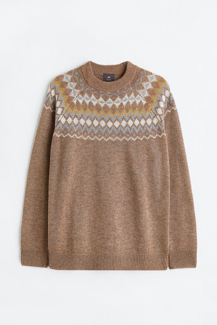 H & M - Relaxed Fit Jacquard-knit Sweater - Beige