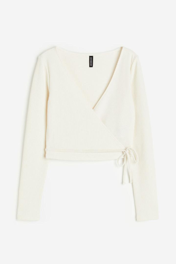 H & M - Wrapover Ribbed Top - White
