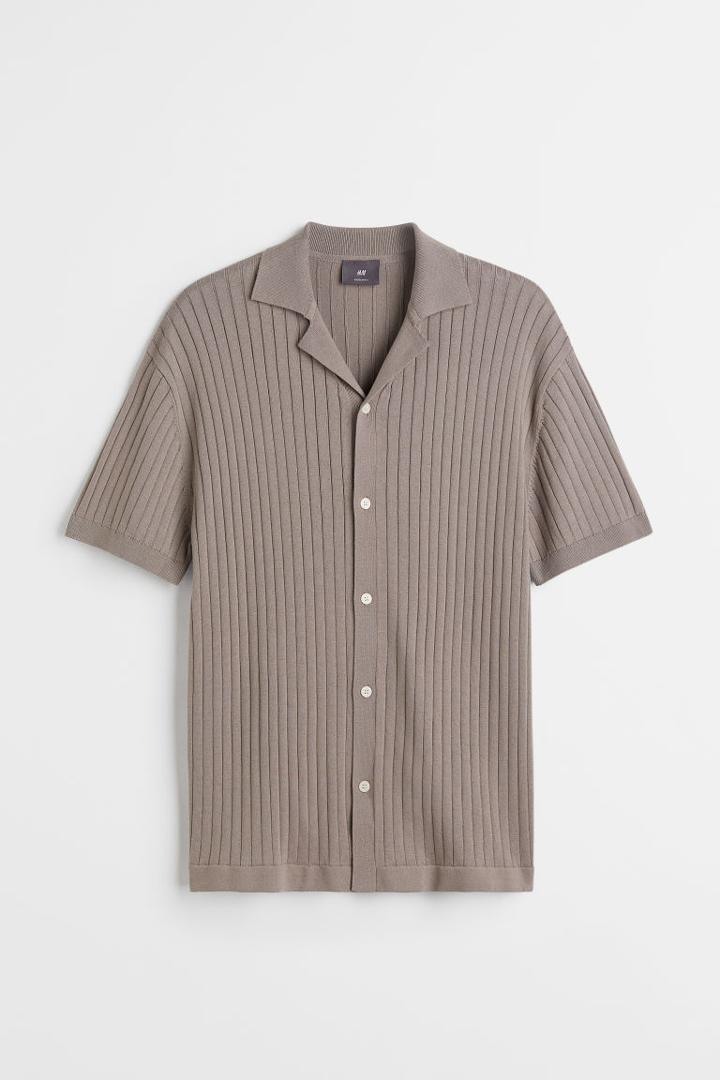 H & M - Regular Fit Rib-knit Polo Shirt - Beige