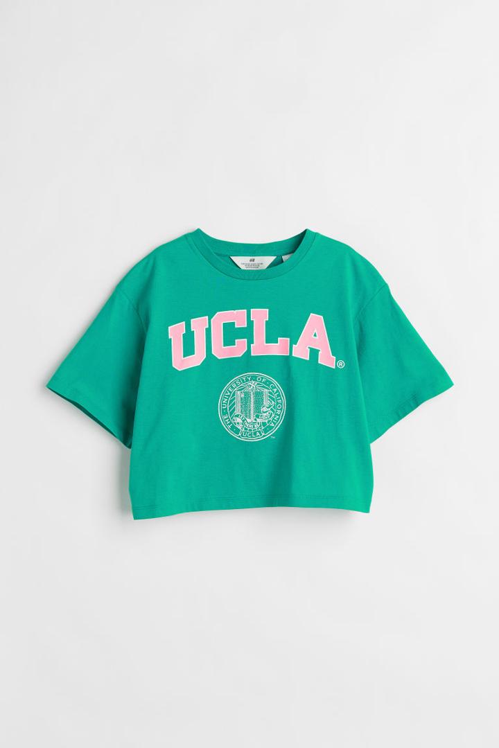 H & M - Printed Jersey Crop Top - Green