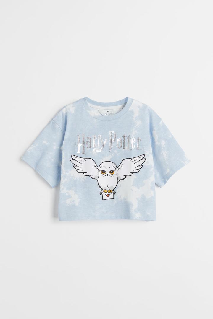 H & M - Printed Jersey Crop Top - Blue