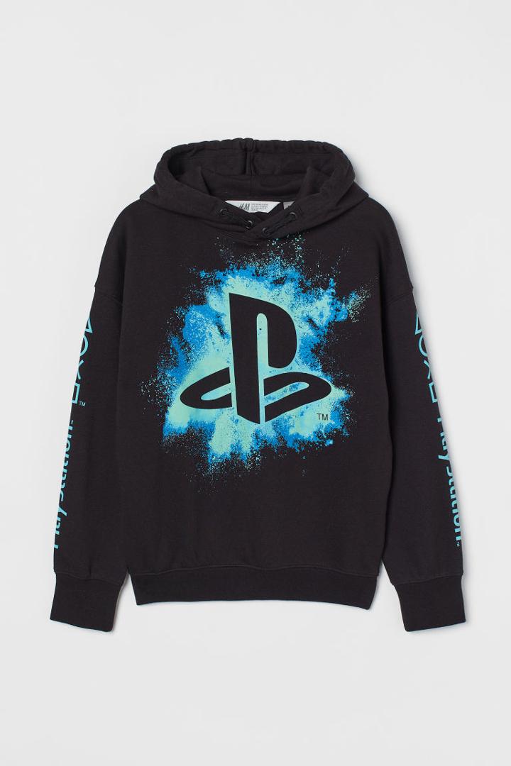 H & M - Printed Hoodie - Black