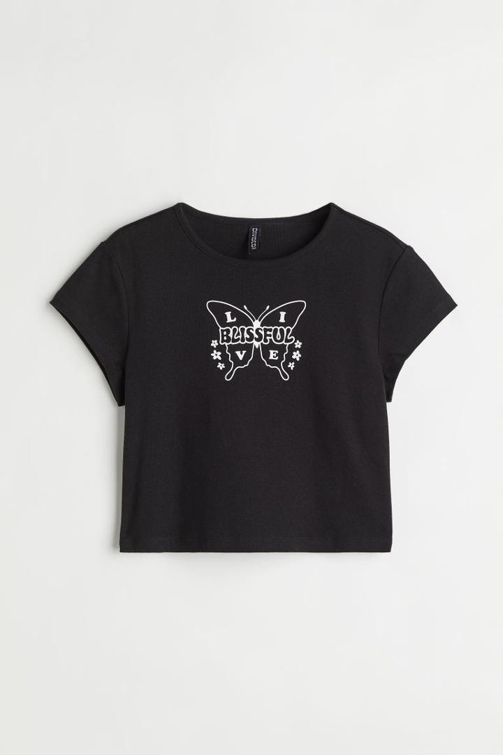 H & M - Printed Crop Top - Black
