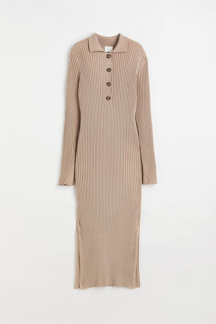 H & M - Collared Rib-knit Dress - Brown