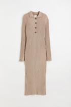 H & M - Collared Rib-knit Dress - Brown