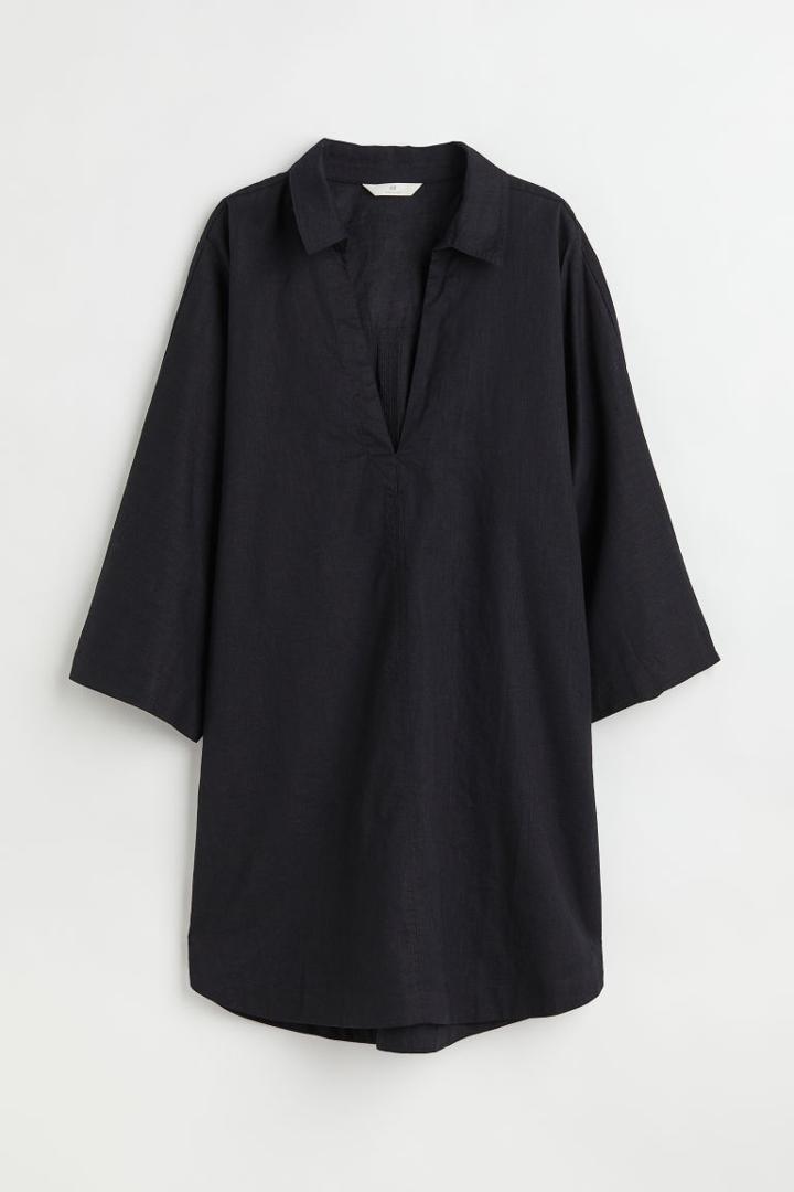 H & M - Long Linen-blend Shirt - Black