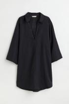 H & M - Long Linen-blend Shirt - Black