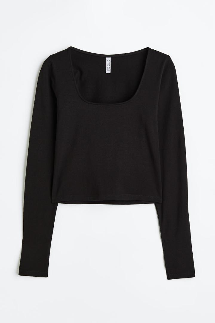 H & M - Long-sleeved Cotton Top - Black