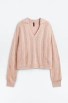 H & M - Collared Cable-knit Sweater - Pink