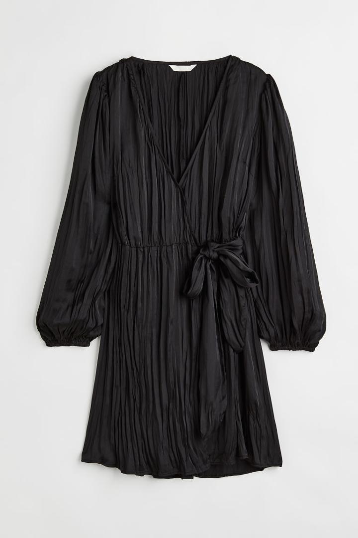 H & M - Balloon-sleeved Wrapover Dress - Black