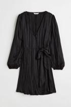H & M - Balloon-sleeved Wrapover Dress - Black