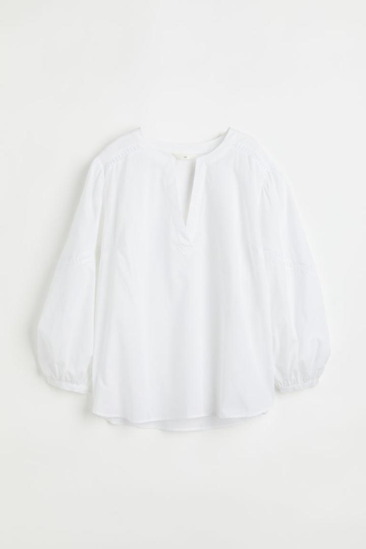 H & M - Cotton Balloon-sleeved Blouse - White