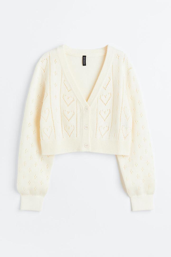 H & M - Pointelle-knit Crop Cardigan - White