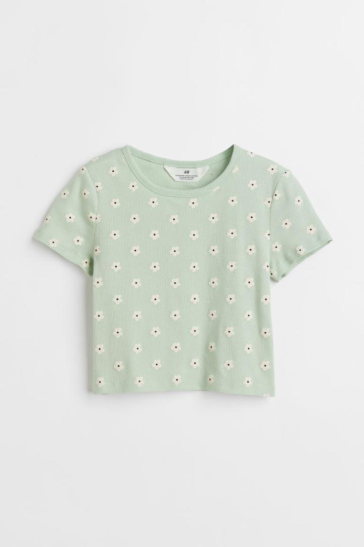 H & M - Ribbed Cotton Jersey Crop T-shirt - Green