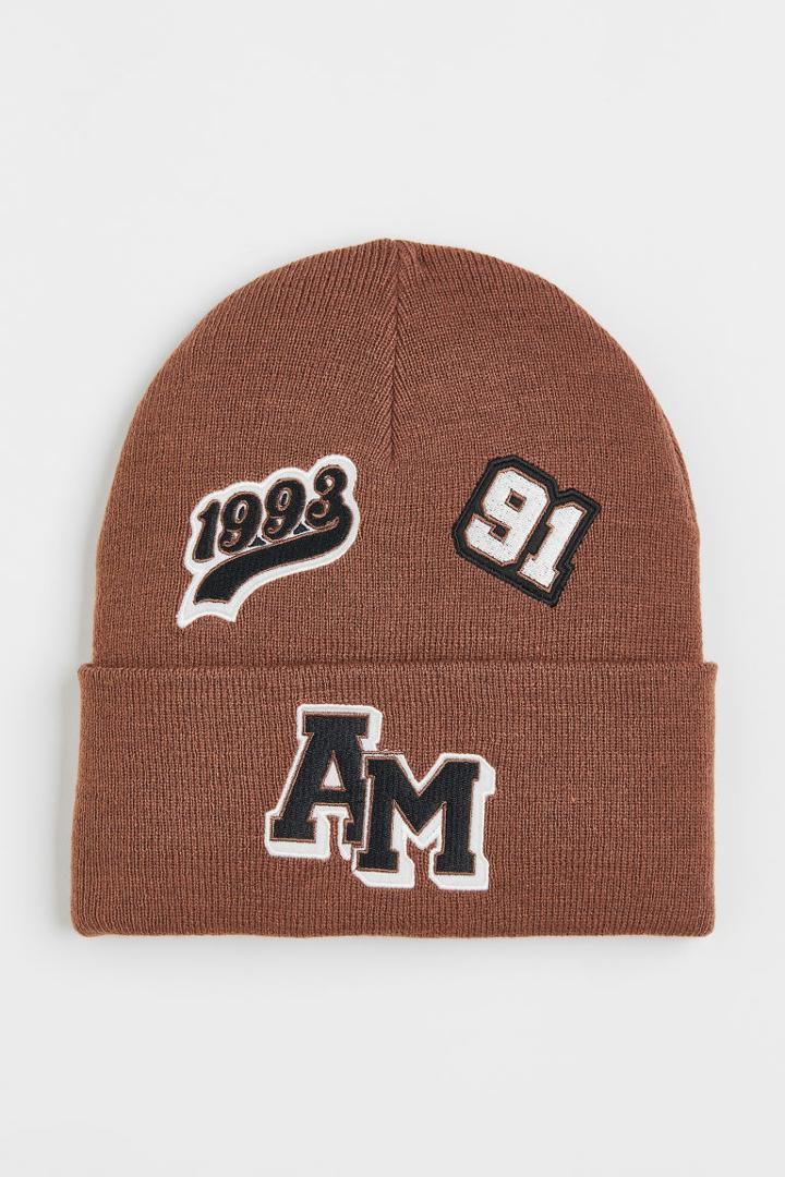 H & M - Appliqud Rib-knit Hat - Beige