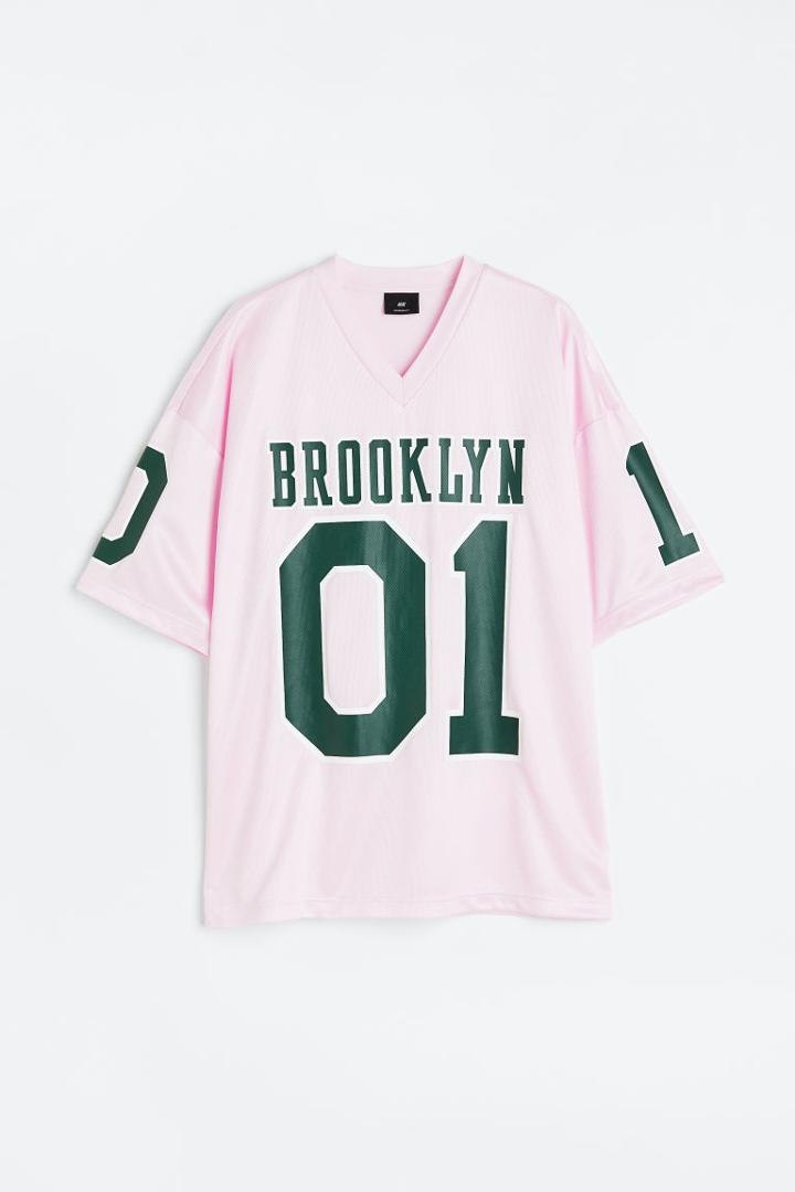 H & M - Oversized Fit Printed Mesh T-shirt - Pink