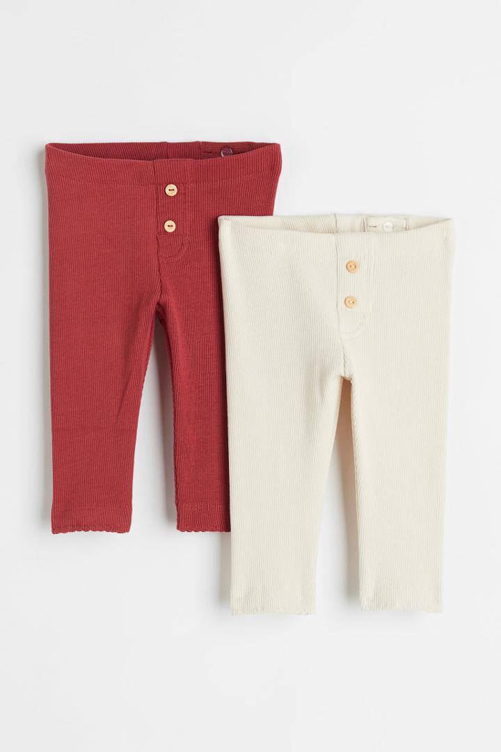 H & M - 2-pack Ribbed Leggings - Red