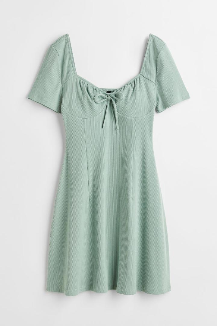 H & M - Tie-detail Ribbed Dress - Green