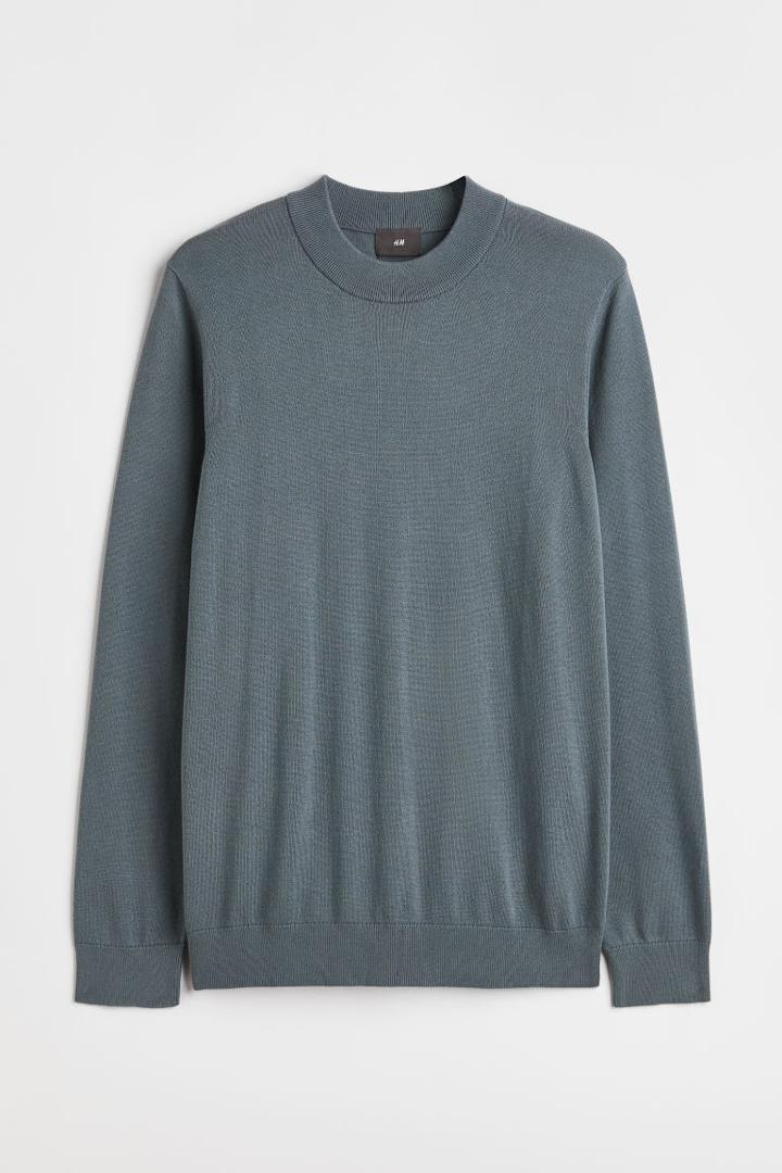 H & M - Slim Fit Fine-knit Mock Turtleneck Sweater - Gray