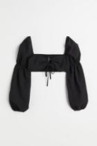 H & M - Balloon-sleeved Crop Blouse - Black