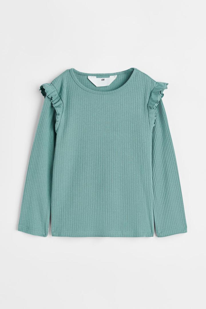 H & M - Ruffle-trimmed Ribbed Top - Turquoise