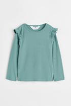 H & M - Ruffle-trimmed Ribbed Top - Turquoise