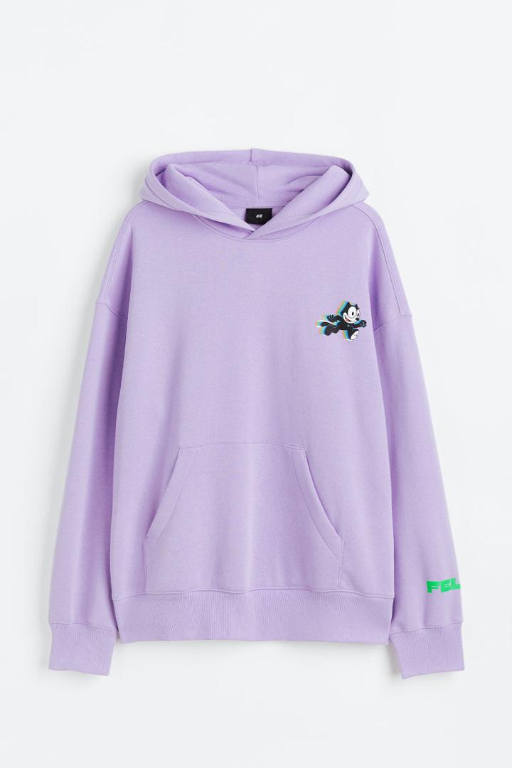 H & M - Oversized Fit Printed Hoodie - Purple