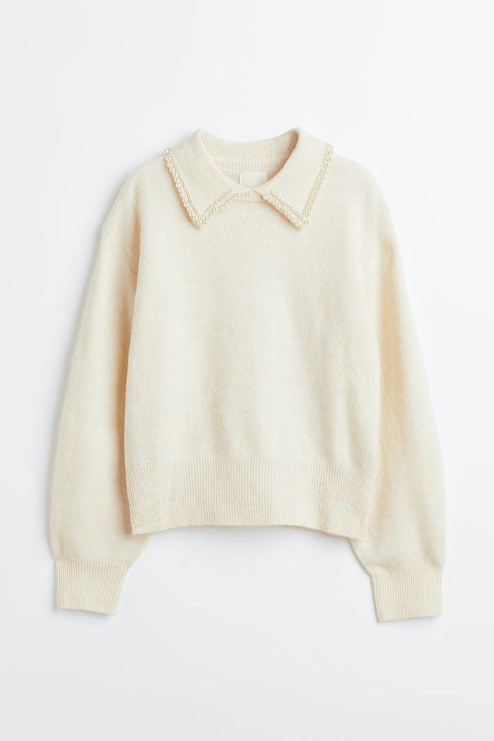 H & M - Beaded-collar Sweater - White