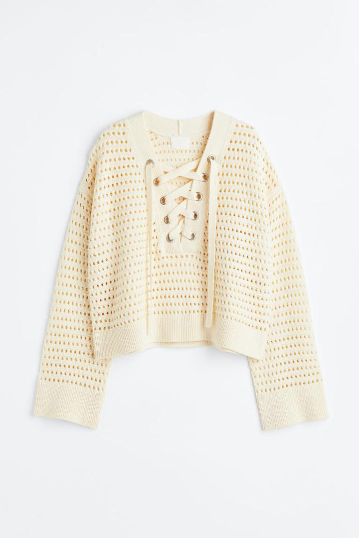 H & M - Pointelle-knit Sweater With Lacing - Beige