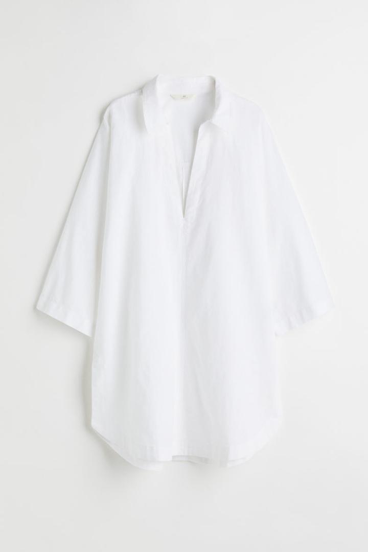 H & M - Long Linen-blend Shirt - White