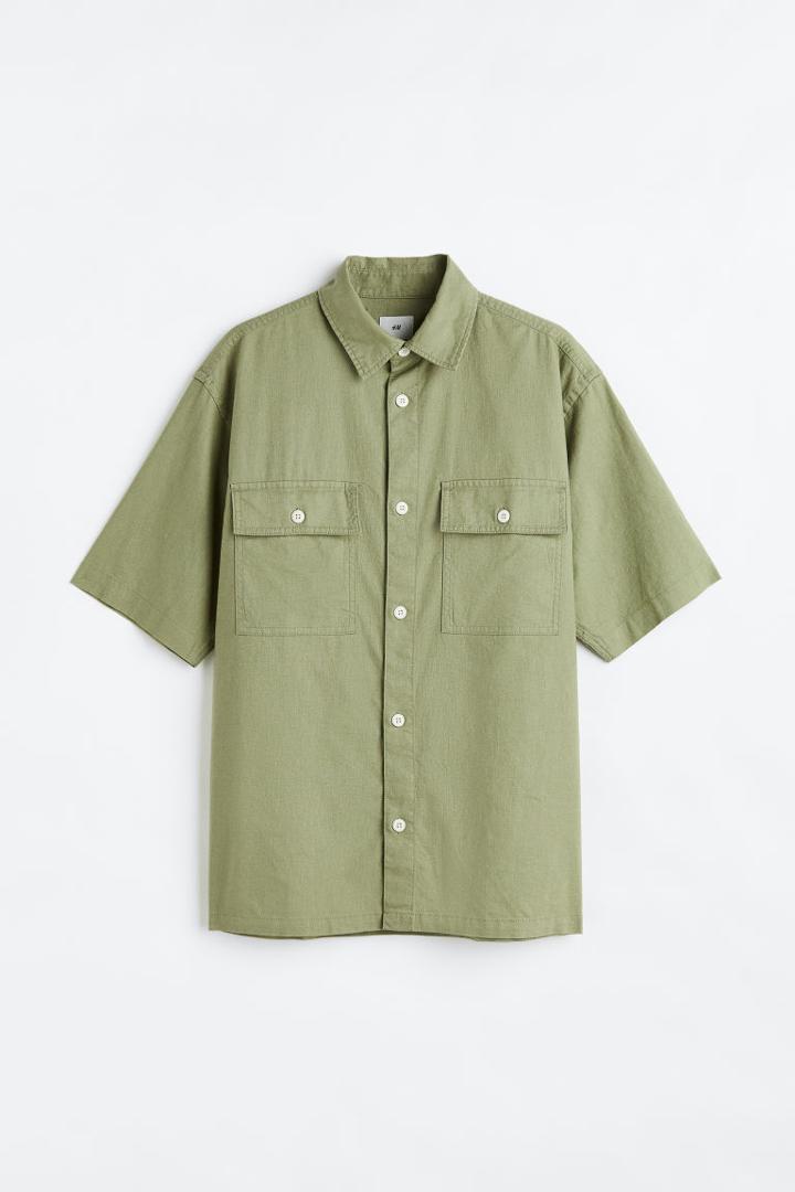 H & M - Regular Fit Linen-blend Shirt - Green