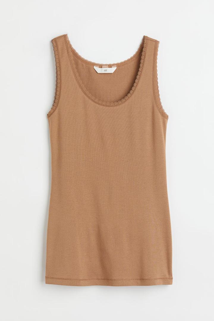 H & M - Lace-trimmed Tank Top - Beige