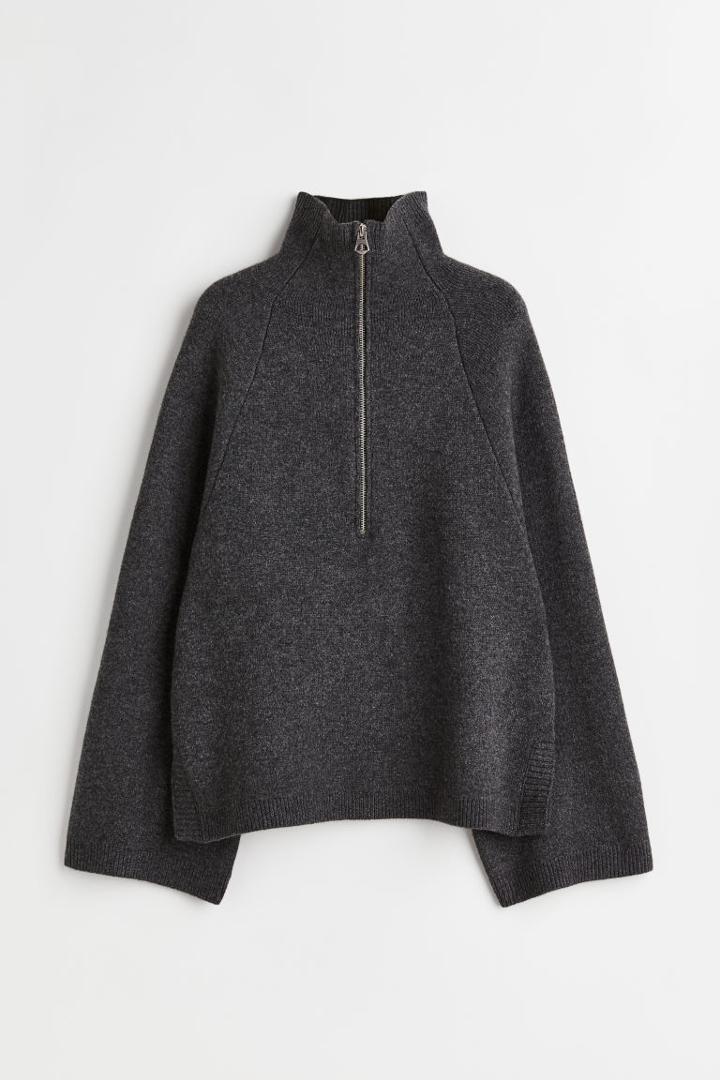 H & M - Wool-blend Half-zip Sweater - Gray