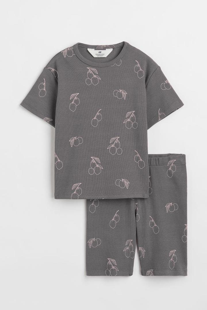 H & M - 2-piece Ribbed Cotton Jersey Set - Gray